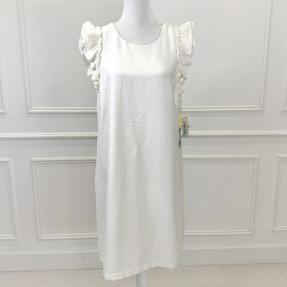 White Feminine Classic Shift Dress CeCe Womens Soft Ecru Ruffle Shoulder Size 12